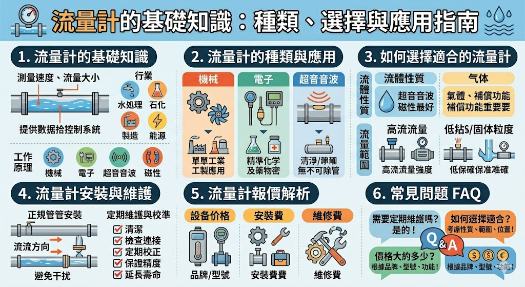 本篇文章深入探討了流量計的各種類型和應用，幫助讀者了解不同流量計的工作原理及如何選擇最適合自己需求的設備。無論是機械式流量計、電子式流量計，還是超聲波流量計，都有其各自的優勢與使用場景。文章還詳細介紹了流量計的安裝與維護要點，以及如何根據價格、功能與精度進行選擇，讓您能夠做出最佳決策。