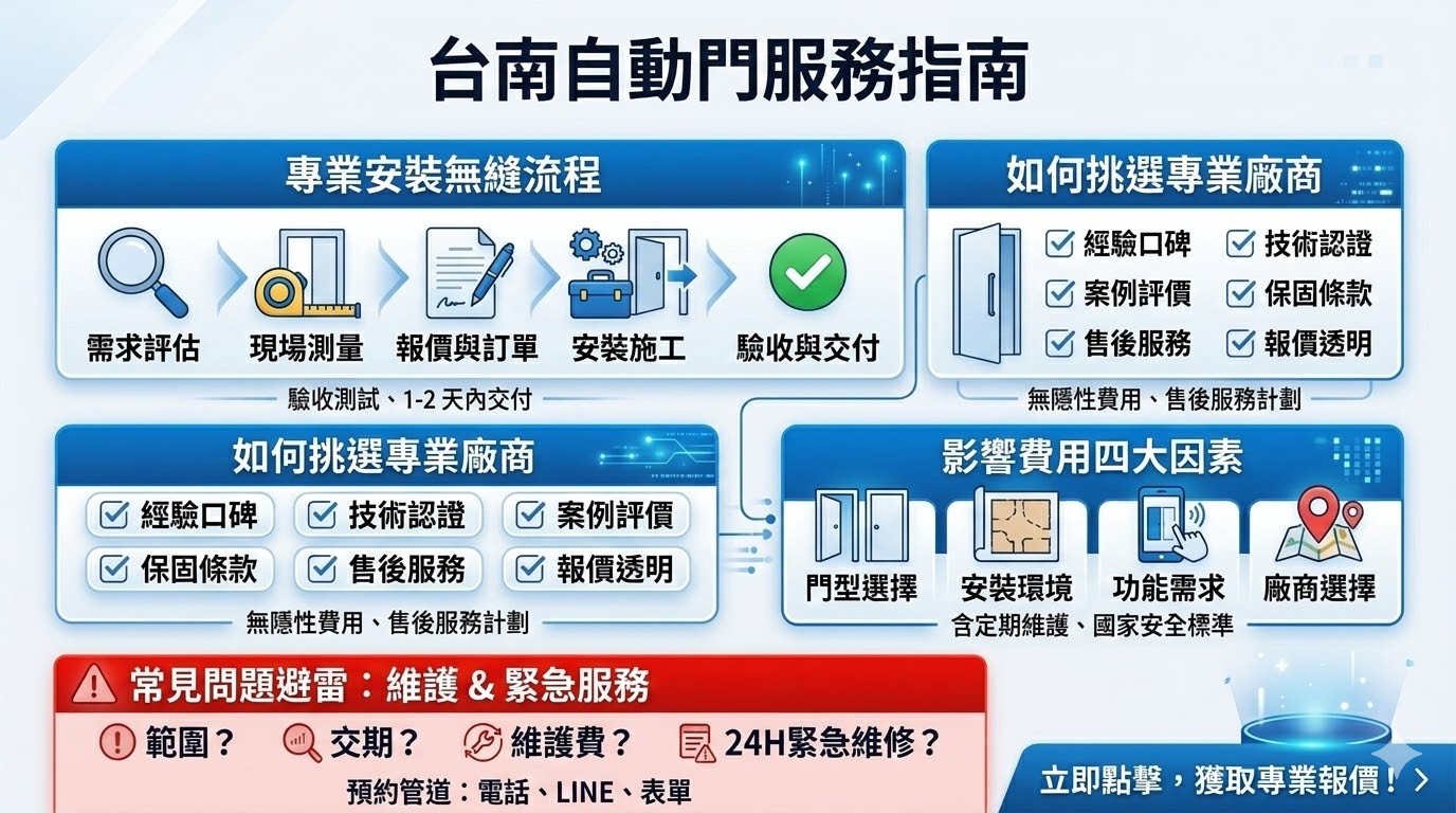 了解台南自動門服務,這篇指南將幫助您選擇合適的自動門安裝廠商,提供詳細的安裝流程、挑選技巧以及費用解析。無論是住宅或商業場所,我們都提供專業的自動門安裝與維護服務,確保您的需求得到最佳滿足。了解如何選擇適合您的自動門,並深入了解安裝與維護的各種細節。